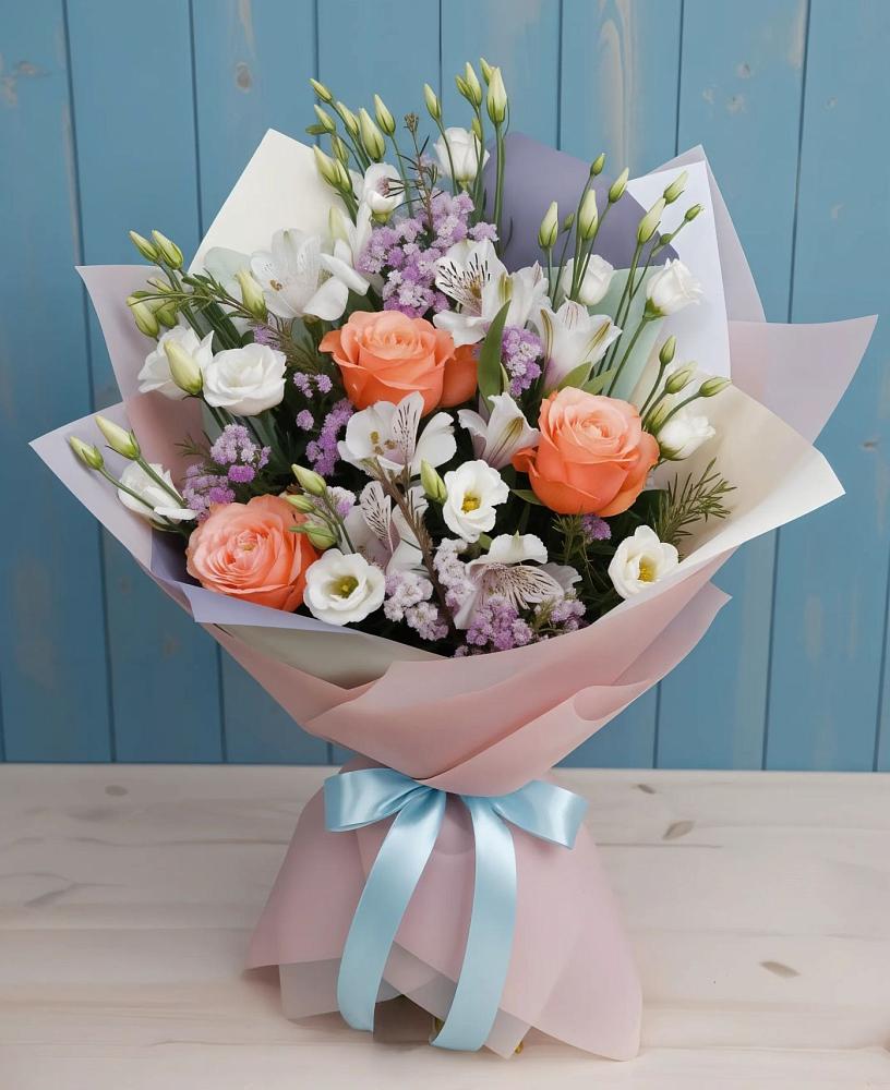 Букет цветов из: Лизиантусы, Розы, Альстромерии и Гипсофила в Новой Чаре